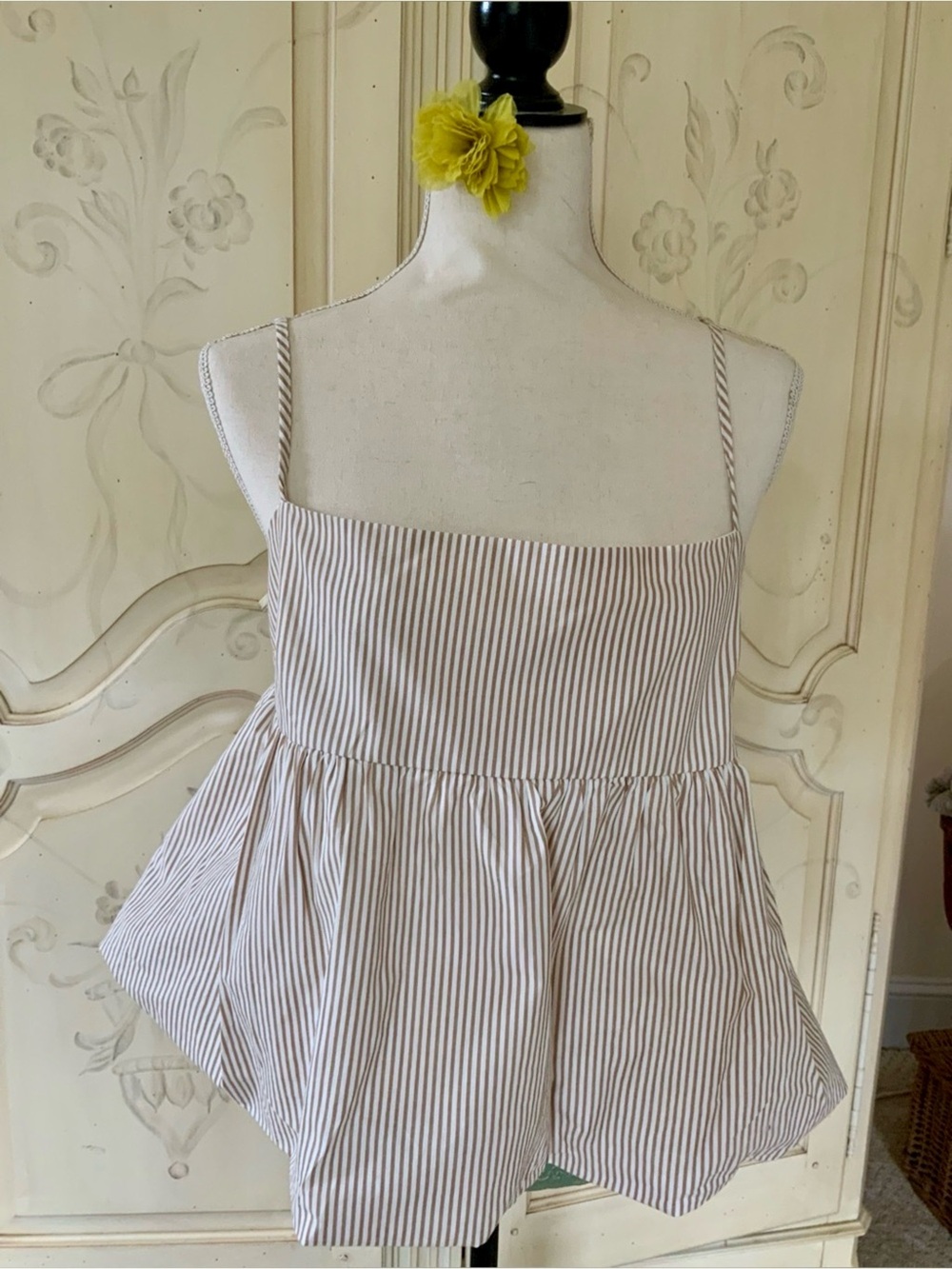 Derek Heart Striped Spaghetti Strap Peplum Top - Beige/White